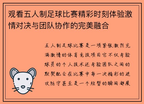 观看五人制足球比赛精彩时刻体验激情对决与团队协作的完美融合
