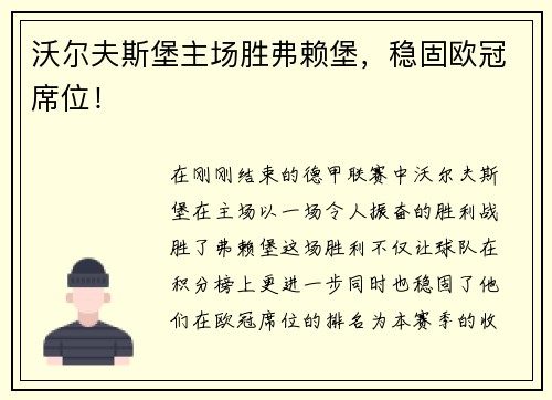 沃尔夫斯堡主场胜弗赖堡，稳固欧冠席位！