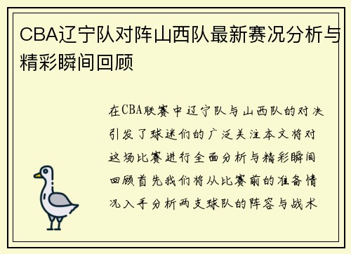 CBA辽宁队对阵山西队最新赛况分析与精彩瞬间回顾