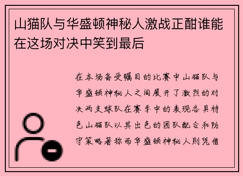 山猫队与华盛顿神秘人激战正酣谁能在这场对决中笑到最后