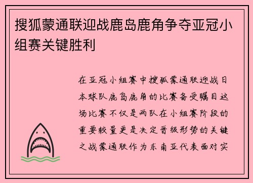 搜狐蒙通联迎战鹿岛鹿角争夺亚冠小组赛关键胜利