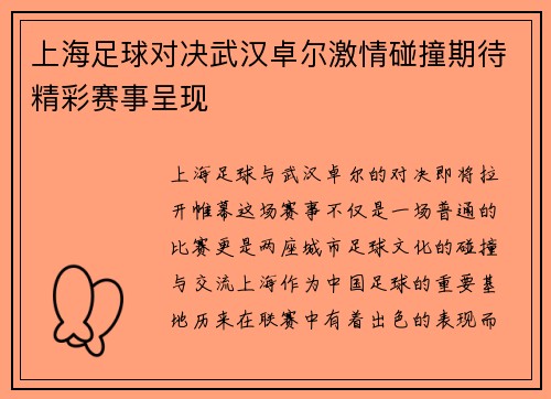 上海足球对决武汉卓尔激情碰撞期待精彩赛事呈现