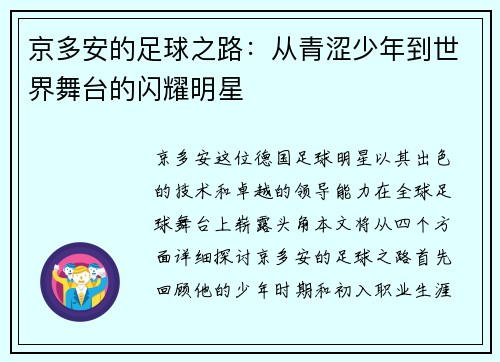 京多安的足球之路：从青涩少年到世界舞台的闪耀明星