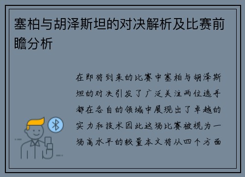 塞柏与胡泽斯坦的对决解析及比赛前瞻分析