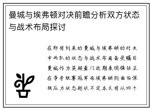 曼城与埃弗顿对决前瞻分析双方状态与战术布局探讨