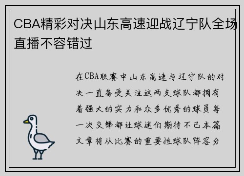 CBA精彩对决山东高速迎战辽宁队全场直播不容错过