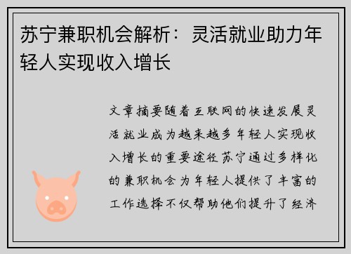 苏宁兼职机会解析：灵活就业助力年轻人实现收入增长