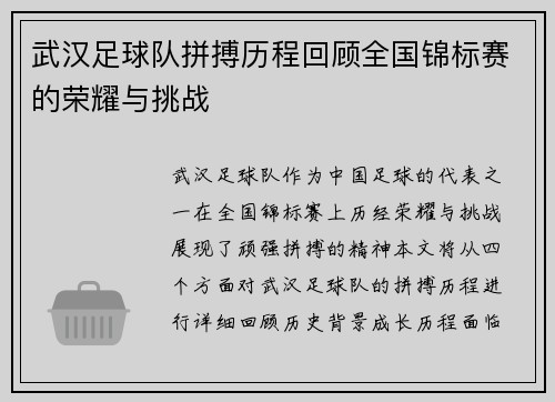 武汉足球队拼搏历程回顾全国锦标赛的荣耀与挑战 武汉足球队拼搏历程回顾全国锦标赛的荣耀与挑战