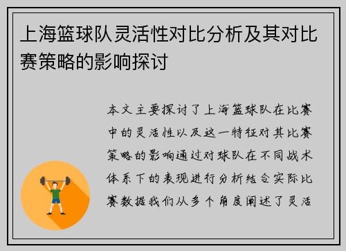 上海篮球队灵活性对比分析及其对比赛策略的影响探讨