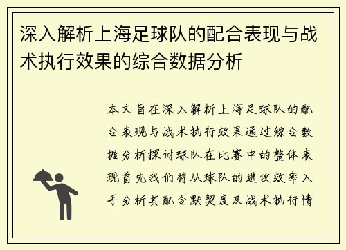 深入解析上海足球队的配合表现与战术执行效果的综合数据分析